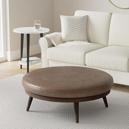 Poly & BARK Gio Ottoman – 30” Round with Feather-Down Topper – Full-Grain Leather Upholstery – Couch Ottoman for Living Room – Vintage Italian Leather in Cocoa Brown