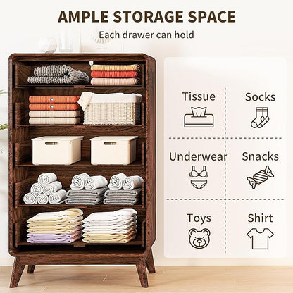 50" Tall Dresser for Bedroom, Vertical Dressers with 5 Drawers and Curved Profile Handleless Design, Chest of Drawers with Natural Texture for Living Room, Hallway and Entryway,Nautral