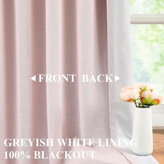 Vision Home Pink Linen Full Blackout Curtains 84 inch Length for Bedroom Living Room Darkening Soundproof Window Panels Thermal Insulated Rod Pocket Back Tab Farmhouse Drapes 56" Wx84 Lx2