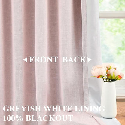 Vision Home Pink Linen Full Blackout Curtains for Bedroom Living Room Darkening Soundproof Window Curtains 102 inch Thermal Insulated Rod Pocket Back Tab Linen Drapes 2 Panels 56" Wx102 L