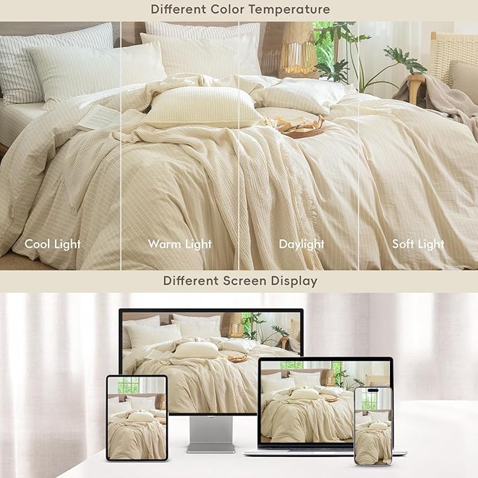 MooMee Striped Duvet Cover Set 100% Washed Cotton Linen Like Textured Breathable Durable Soft Comfy (Almond Milk Grey White Wide Stripes, Full 80"x90")