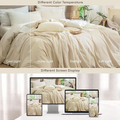 MooMee Striped Duvet Cover Set 100% Washed Cotton Linen Like Textured Breathable Durable Soft Comfy (Almond Milk Grey White Wide Stripes, Super King Plus 120"x120")
