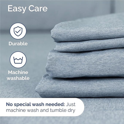 Full 6 Piece Sheet Set - Cooling & Breathable - Hotel Luxury Bedding, Includes Fitted Sheet for Women, Men, Kids and Teens - 1 Flat, 1 Fitted Sheet, 4 Pillowcases with Deep Pockets - Heathered Blue