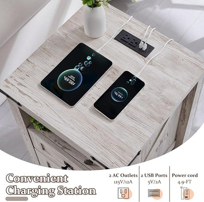 T4TREAM Nightstand with Charging Station, End Table, Side Table with 2 Drawers Storage Cabinet for Bedroom, Living Room, Farmhouse Design, Wood Rustic, Antique Brush White