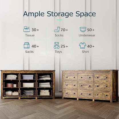 Dresser for Bedroom with 9 Drawers, Farmhouse Wood Chest of Drawers, Wide TV Stand Closet Storage Furniture with Metal Handle, Modern Clothes Organizer for Hallway, Living Room, Entryway, Brown