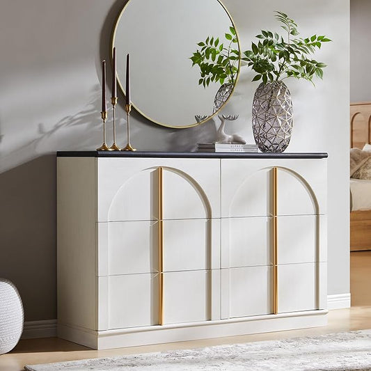 ACCOHOHO Arched Dresser for Bedroom with 6 Drawers, 47.3" Wide Modern Chest of Drawers with Rounded Edge & Metal Handles, Wood Storage Closet Dressers TV Stand for Living Room, Hallway, White