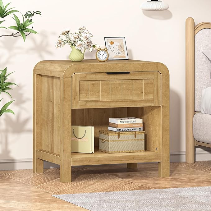 IKENO Wood Nightstand with Storage Drawer, 21" Wide Night Stand with Curved Profile Design, Bedside End Table for Bedroom, Living Room, Closet (1, Natural Oak, 1 Drawer)