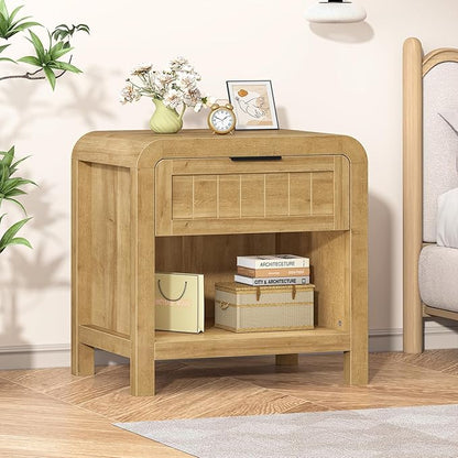 IKENO Wood Nightstand with Storage Drawer, 21" Wide Night Stand with Curved Profile Design, Bedside End Table for Bedroom, Living Room, Closet (1, Natural Oak, 1 Drawer)