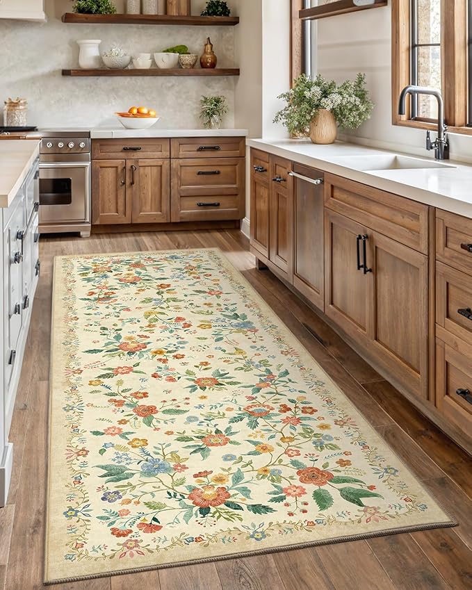 Amada 2.6x8 Washable Runner Rug, Non-Slip & Low-Profile Kitchen Area Rug with Reinforced Edge Binding, Boho Floral Pattern, Soft Long Entryway Rugs for Bedroom & Hallway