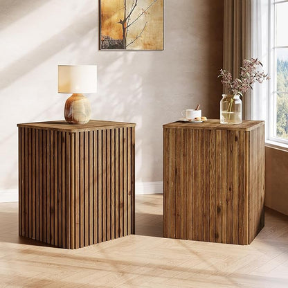 Solid Wood End Table Set of 2, Square Fluted Side Table for Living Room, Farmhouse Bedside Nightstand with Storage and Removable Lid for Bedroom, Small Spaces (2 PCS, Rustic Brown)