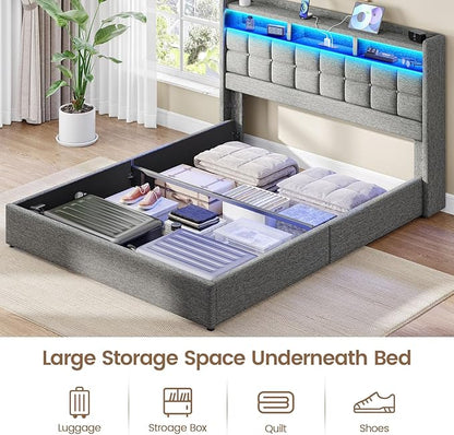Lift Up King Size Bed Frame with Storage, Upholstered King Bed Frame with Charging Station and LED Lights Headboard, No Box Spring Needed, Easy Assembly - Light Grey