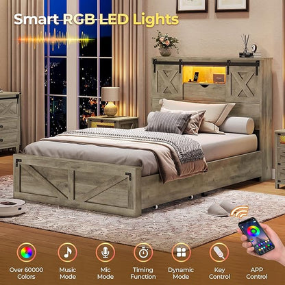 Hasuit Farmhouse Bed Frame Twin Size with 2 Storage Drawers, Wooden Platform Twin Bed with LED Lights and Charging Station, Rustic Accent Headboard with Sliding Barn Door Storage Cabinets