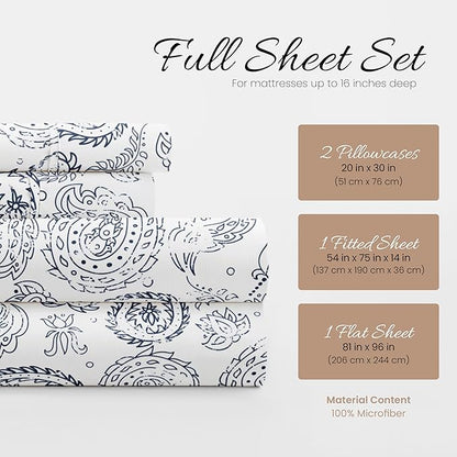 Linen Market Double-Brushed Patterned Microfiber Full Sheet Set 4 Piece – Oeko-TEX Certified Ultra Soft & Wrinkle-Free - 16" Deep Pocket Sheets - Easy Care Full Size - Coarse Paisley Navy