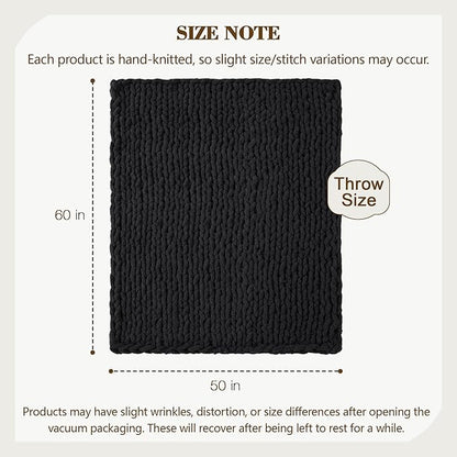 Carriediosa Chunky Knit Throw Blanket 50" X 60", 100% Hand Made Large Chenille Loop Yarn Soft Fluffy Throws for Couch Sofa Bed, Big Crochet Cozy Heavy Thick Cable Woven Blankets, Black