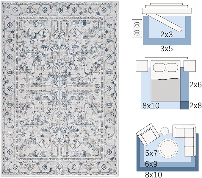 jinchan Lima Runner Rug 2x5 - Vintage Hallway Machine Washable Rug Floral Non Slip with Rubber Backing Ultra-Thin Carpet Runner for Kitchen Bedroom Laundry Room Farmhouse Entryway (2x5ft, Blue)