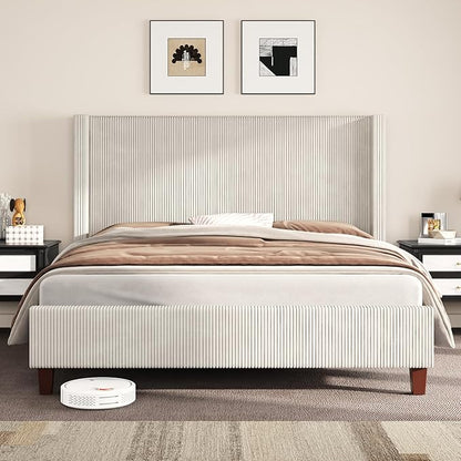 AMERLIFE California King Size Upholstered Bed Frame with 50.8" Tall Headboard, Wingback Platform Bed with Solid Wood Legs, Wooden Slats, Corduroy/No Box Spring Needed/Noise Free/Cream