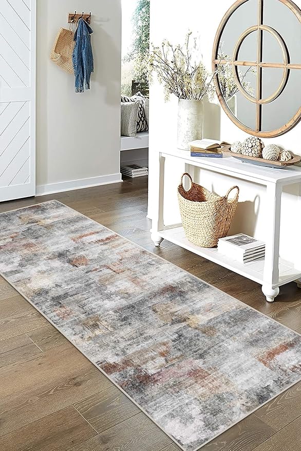 vivorug Runner Rug 2'x8' Machine Washable Non-Slip Runners for Hallways Kitchen Entryway Laundry Room Modern Abstract Carpet Hallway Runner Grey/Rust