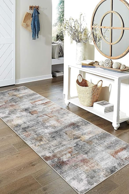 vivorug Runner Rug 2'x8' Machine Washable Non-Slip Runners for Hallways Kitchen Entryway Laundry Room Modern Abstract Carpet Hallway Runner Grey/Rust