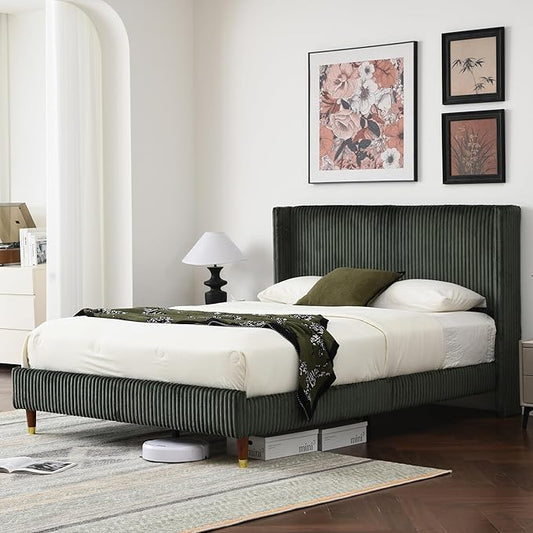 PINJU Full Size Bed Frame, Upholstered Platform Bed with Modern Vertical Striped Wingback Headboard with Wooden Slats, Easy to Assemble No Noise Free (Green, Full)