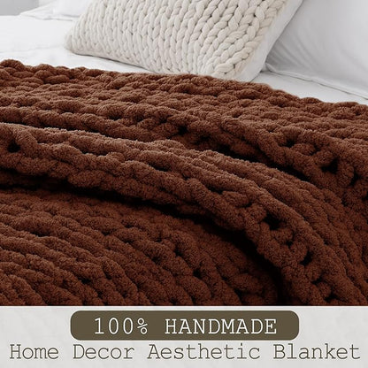 Chunky Knit Throw Blanket 60"X 80", 100% Handmade with Soft Chenille Yarn, 6.7lbs Thick Cable Knitted Blankets, Large Rope Knot Crochet Throws for Couch Sofa Bed Home Decor, Dark Brown