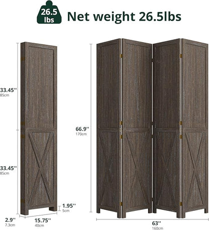 Cozy Castle Wood Room Divider, 4 Panels Folding Privacy Screen, 66.9'' Wall Divider, Barnwood Room Separator, Freestanding Partition, Temporary Wall for Decorative, Rustic Brown