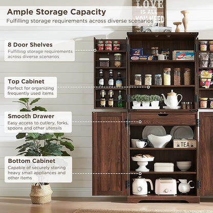 ACCOHOHO 72" Tall Kitchen Pantry, Farmhouse Storage Cabinet with Barn Doors, Organizer, Drawer and Adjustable Shelves, Rustic Wood Cupboard for Kitchen, Dining Room, Bathroom, Brown