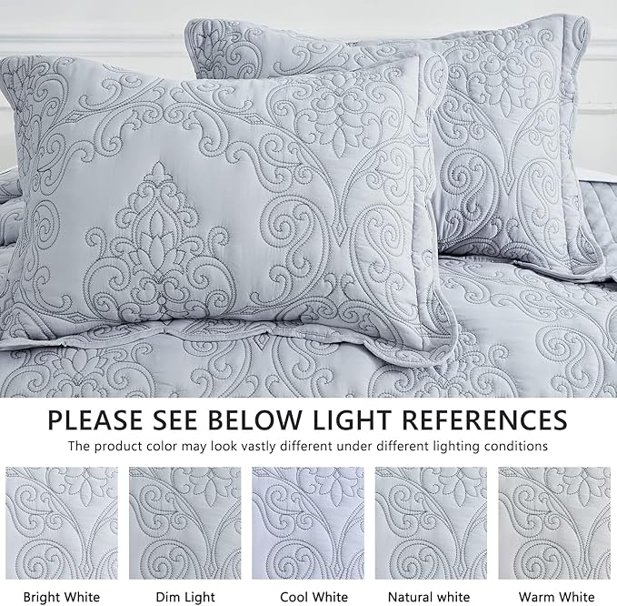 CHIXIN Oversized Bedspread Coverlet Set King Size - Lightweight Bedding Cover - Beautiful Stitching - 5 Piece Reversible Bedspread - Luxury Damask Paisley Pattern (King, Light Grey)