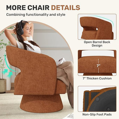 Swivel Accent Chair, Modern Comfy Chenille Barrel Chairs, Oversized Upholstered Round Arm Chair for Living Room, Bedroom, Reading Room, Caramel, 1 PCS