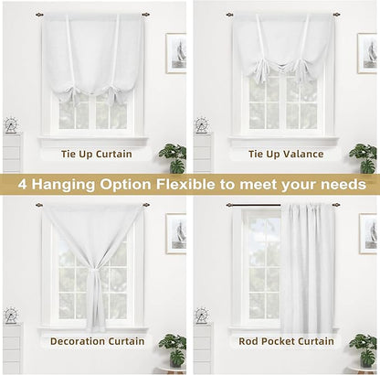 DriftAway Double Layer Linen Blackout Tie Up Curtains Thermal Insulated Fully Lined Balloon Roman Shade Bathroom Window Adjustable Rod Pocket for Small Window 45 Inch by 63 Inch White