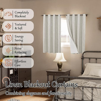 Blackout Curtains 54 Inch Length 2 Panels for Bedroom, Thermal Insulated Total Light Blocking Noise Reducing Linen Window Curtains for Farmhouse, Bronze Grommet, Light Grey, Each 52" Wide