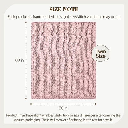 Carriediosa Chunky Knit Throw Blanket 60" X 80" Twin, 100% Hand Made Large Chenille Loop Yarn Soft Fluffy Throws for Couch Sofa Bed, Big Crochet Cozy Heavy Thick Cable Woven Blankets, Dusty Pink