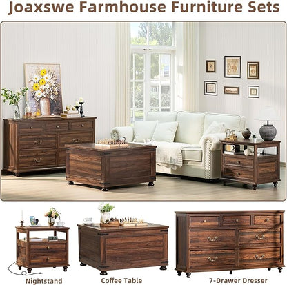Farmhouse Furniture Set, Nightstands Set of 2 and 7 Drawers Dresser for Bedroom, 54 Inch Wide Wood Dresser and 24" Night Stands with Charging Station for Bedroom, Living Room, Hallway