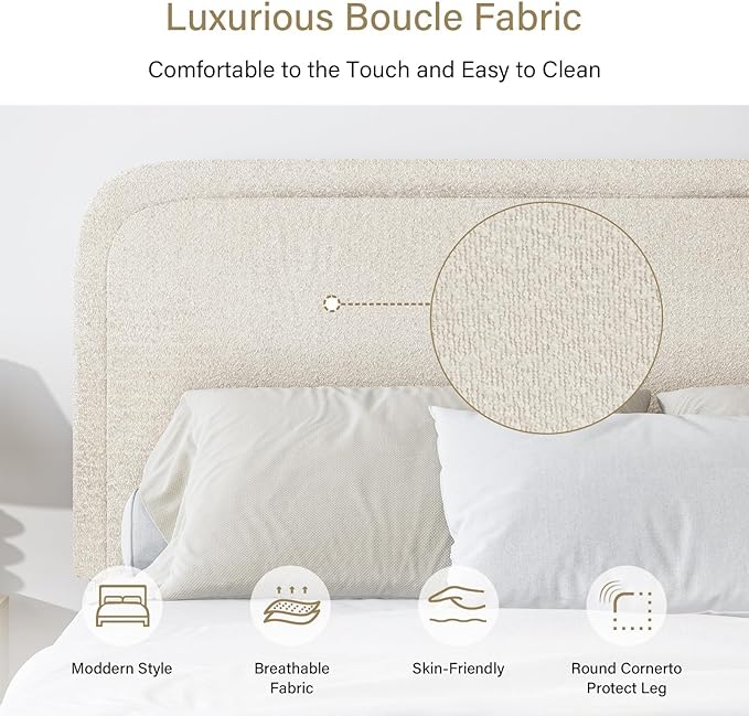 BarnFurin Boucle Upholstered California King Bed Frame/Soft Rounded Corners Headboard/Low Profile Bed Frame/No Box Spring Needed/Cream