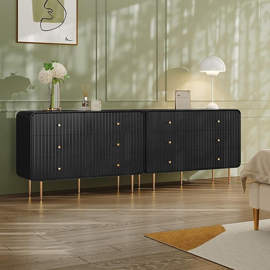 HLR Fluted 6 Drawers Dresser, 48'' Wide Modern Chest of Drawers with Gold Metal Handles,Dresser TV Stand for 2 Piece, Wood Dressers & Chest of Drawers for Bedroom, Living Room, Hallway (Black)