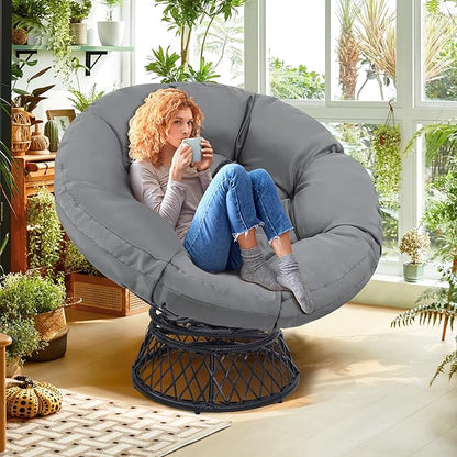 46" Giant Oversized Rattan Papasan Chair with Cushion and Frame for Adults, Fluid 360° Swivel, Waterproof, Black Frame with Dark Grey Cushion