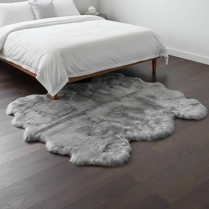 Premium Genuine Sheepskin Rug 5' x 6' Long Fur Soft & Natural Shaggy Living Room Rug, Silver Gray, Six Pelt