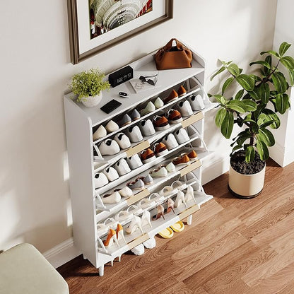 VINGLI White Fluted Shoe Storage Cabinet for Entryway with 3 Flip Drawers, Narrow Shoe Organizer with Fluted Panel, Modern Freestanding Wood Shoe Cabinet for Foyer, Hallway (White, 3 Flip Drawers)