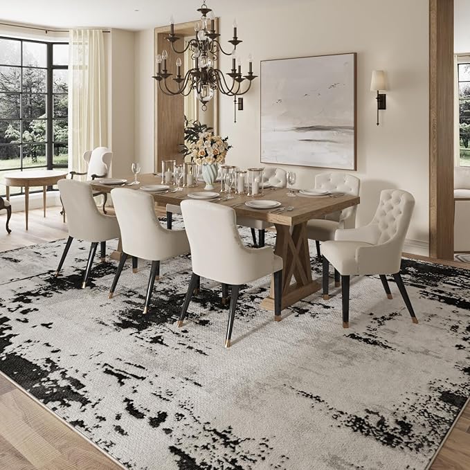 Area Rugs 8x10, Modern Abstract Machine Washable Rugs for Living Room Thin Carpet Indoor Floor Non-Shedding Carpets for Bedroom Dining Room Farmhouse Home Office | Black White