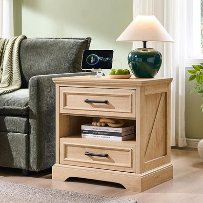 ACCOHOHO 24" Farmhouse Nightstand Set of 2 with Charging Station, 2 Drawers Large Bedside Table with Open Shelf, Rustic End Table for Bedroom - Natural Oak
