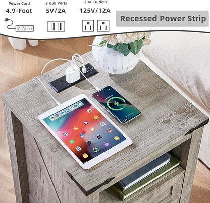Joaxswe Nightstand with Charging Station and USB Port, Farmhouse Night Stand with 2 Drawers and Shelf Storage, Wooden Side End Table, Bedside Cabinet for Bedroom, Living Room, Closet,Office (Grey)