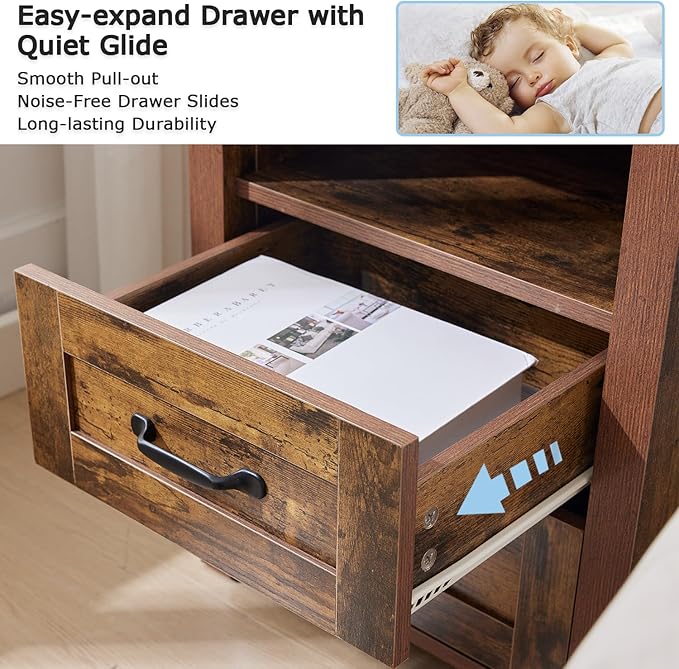 Puntogen Brown Night Stand, Rustic End Table with Charging Station, Farmhouse Tall Nightstand for Bedroom, Drawer Dresser Bedside Table with Open Storage Shelf
