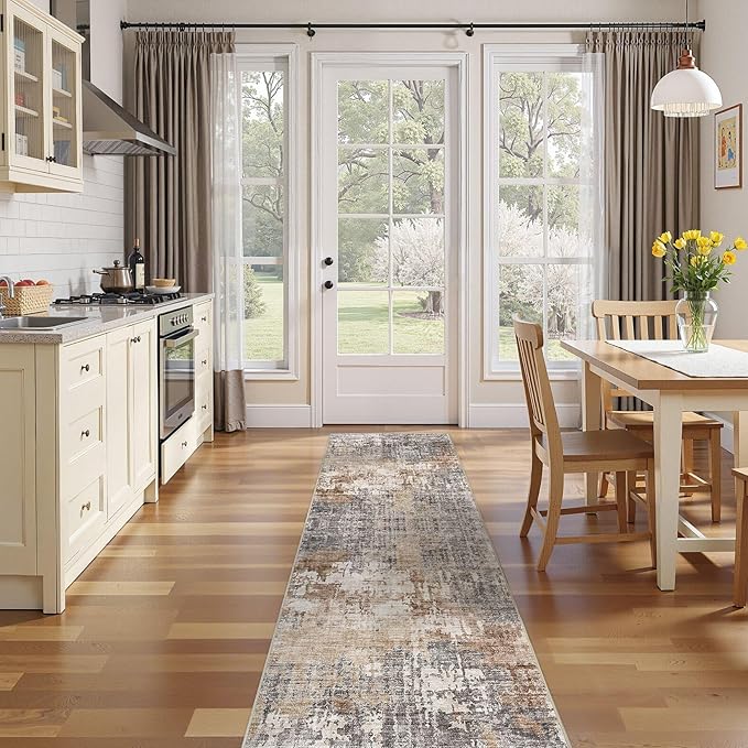 Washable Runner Rug for Hallway: 2.6x12 Neutral Modern Abstract Low Pile Area Rug with Non-Slip Backing - Carpet for Bedroom Kitchen Laundry Entryway Bathroom Indoor - Grey Brown