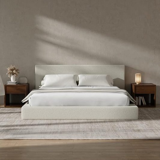 RECCI Cloud Boucle Upholstered King Bed Frame with Headboard, 5 Inch Foam Padded Platform, No Box Spring, Easy Assembly(Beige)