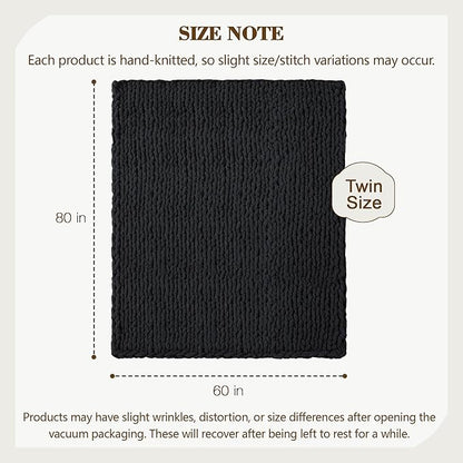 Carriediosa Chunky Knit Throw Blanket 60" X 80" Twin, 100% Hand Made Large Chenille Loop Yarn Soft Fluffy Throws for Couch Sofa Bed, Big Crochet Cozy Heavy Thick Cable Woven Blankets, Black