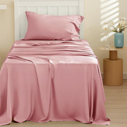 Bedsure Cooling Sheets Twin, Rayon Derived from Bamboo, Breathable & Soft Twin Sheets Set, Deep Pocket Up to 16 Inches, Hotel Luxury Silky Bedding for Hot Sleepers, Blush Pink