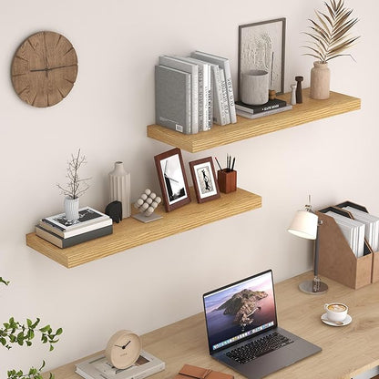 Fun Memories Floating Shelves for Wall, 36 x 9.3 Large Floating Shelf Wall Mounted Set of 2, Rustic Wood Shelves for Bathroom, Kitchen, Living, Heavy-Duty Storage Deep Shelf for Books, Decor, Oak