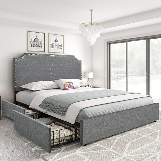 YITAHOME King Bed Frame with 4 Storage Drawers, Upholstered Platform Bed Frame with Adjustable Rivet-Trimmed Headboard, USB & Type-C Charging Ports, Wooden Slats, Easy to Assemble (Gray)