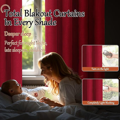 Linen Blackout Curtains for Christmas 72 Inch Long, 100% Black Out Red Thermal Curtains for Bedroom Winter Decor, Thick Heavy Insulated Window Drapery for Nursery, Each 52x72 Inch 2 Panels