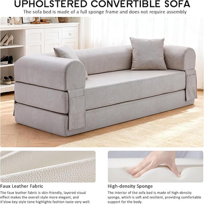 78.5" Convertible Sleeper Sofa Bed, Faux Leather Folding Floor Sofa with Pullout Bed&2 Pillows, No Assembly Modern Boneless Couch Compression Sofa in Box with Storage Pocket for Living Room, Beige