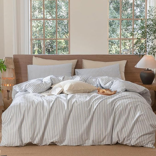 MooMee Striped Duvet Cover Set 100% Washed Cotton Linen Like Textured Breathable Durable Soft Comfy (Cornflower Blue White Classic Stripes, Alaska King 132"x120")